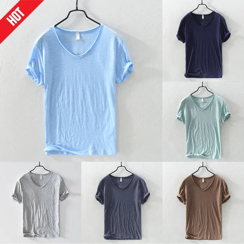 Mens Casual  Short Sleeve T-shirts V-neck Slim Fit Solid Tee Cotton Tops Thin N